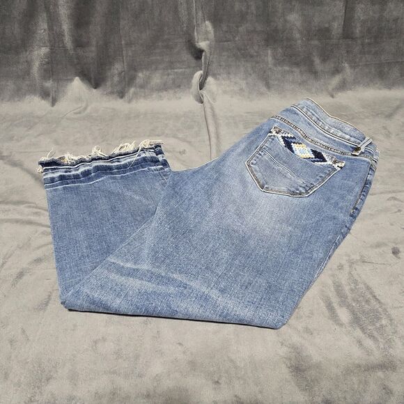 Driftwood Jeans Women's 29 Collette Straight Crop Blue Embroidered Stretch Denim - Picture 1 of 12